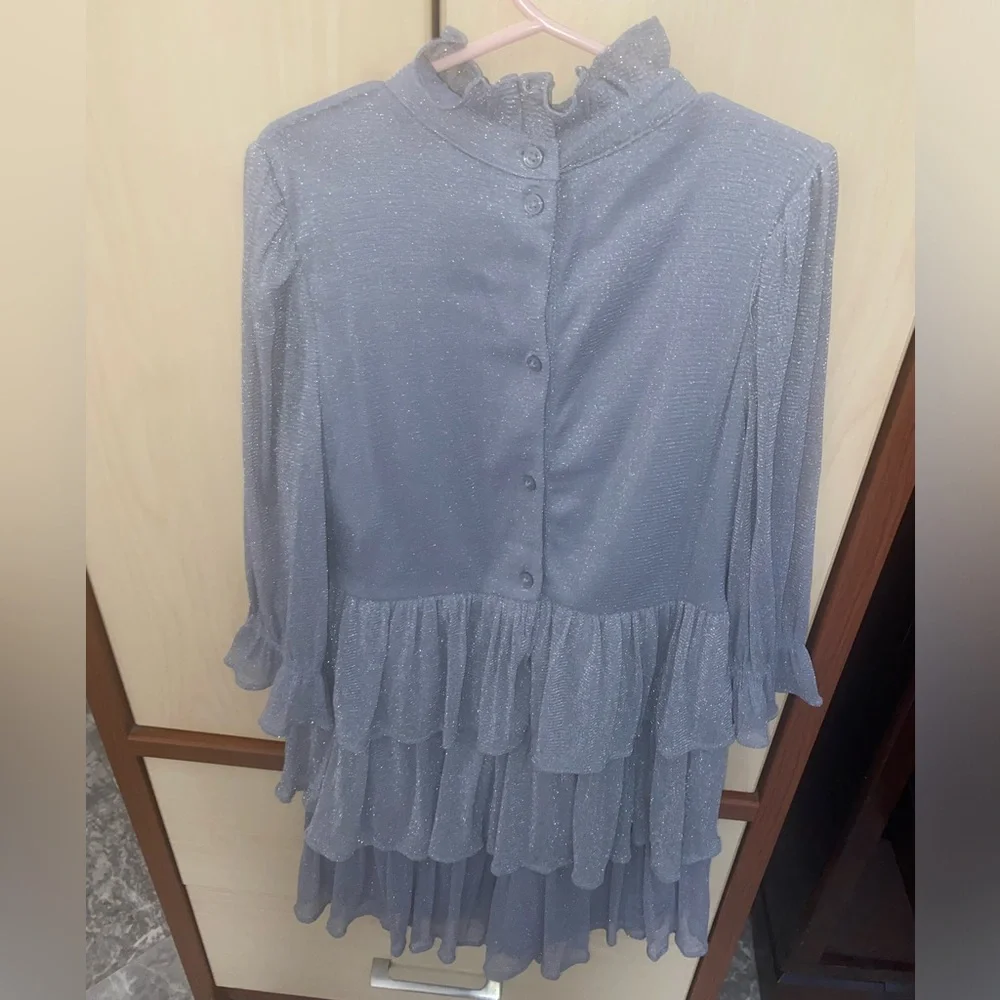 Janie and Jack Girls Silver Sparkle Mesh Tiered Ruffle Dress Size 10